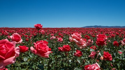 Fototapeta premium A field of roses in full bloom, the petals creating a sea of red and pink under a clear blue sky