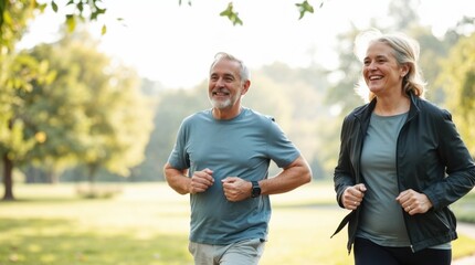Naklejka premium A joyful senior couple jogging together in nature