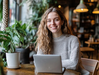 Smiling Woman Working at a Cafe