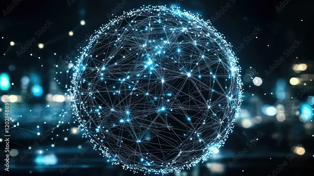 Poster an abstract digital sphere filled with interconnected points and lines, symbolizing a global social 