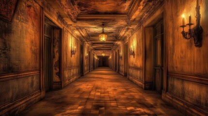 Fototapeta premium A long, empty hallway with peeling walls and flickering lights