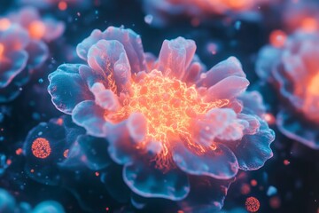 Naklejka premium Glowing Blue And Orange Cellular Flower Structure