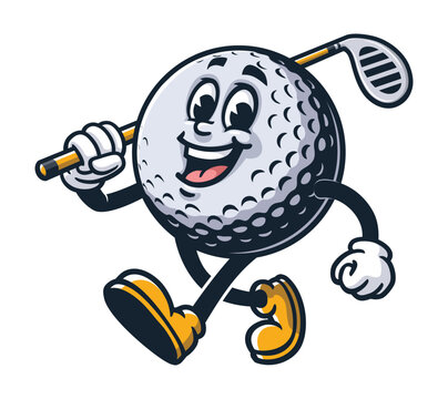 Golf Ball carrying a golf club,         Cartoon Character Mascot Illustration Vector Clip-art Hand-drawn Logo Design