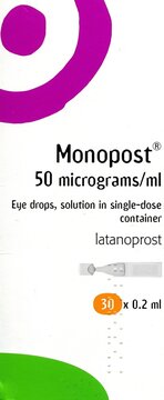 A packet of Monopost (Latanoprost) medication used for treating high pressure in the eyes caused by Glaucoma. It is made in France by Thea Pharmaceuticals. Image created January 16, 2025.