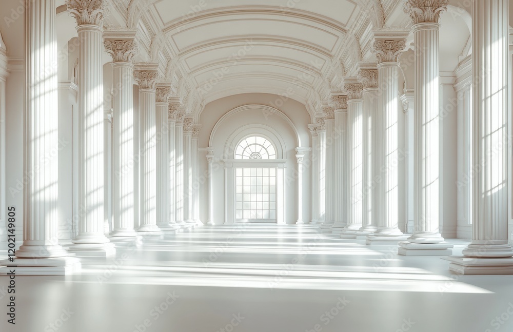 Poster elegant interior of a grand architectural hall with tall columns and soft sunlight streaming through