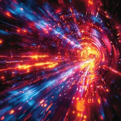 Naklejka premium A vibrant vortex of light streaks in red and blue hues creating a dynamic tunnel effect. Ideal for backgrounds music visualizations and abstract art.
