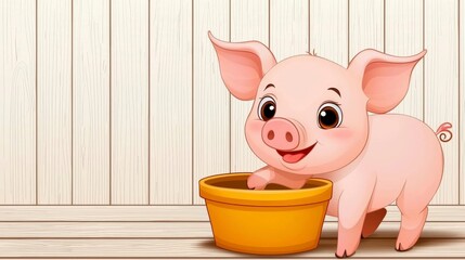 Cute cartoon piglet with a cheerful expression playing near a yellow pot on a wooden surface backdrop