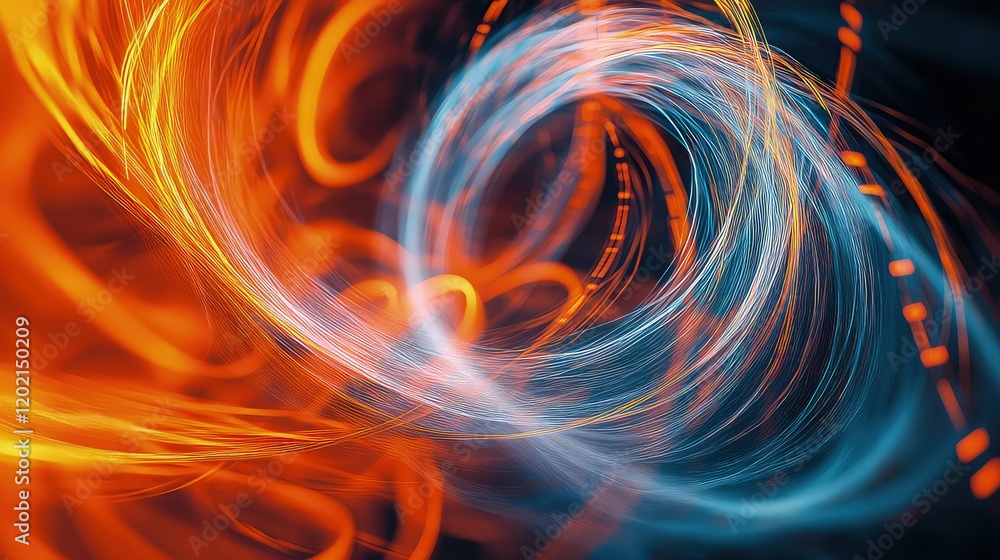 Poster an abstract interface with vivid orange and blue energy lines spiraling across the frame, symbolizin
