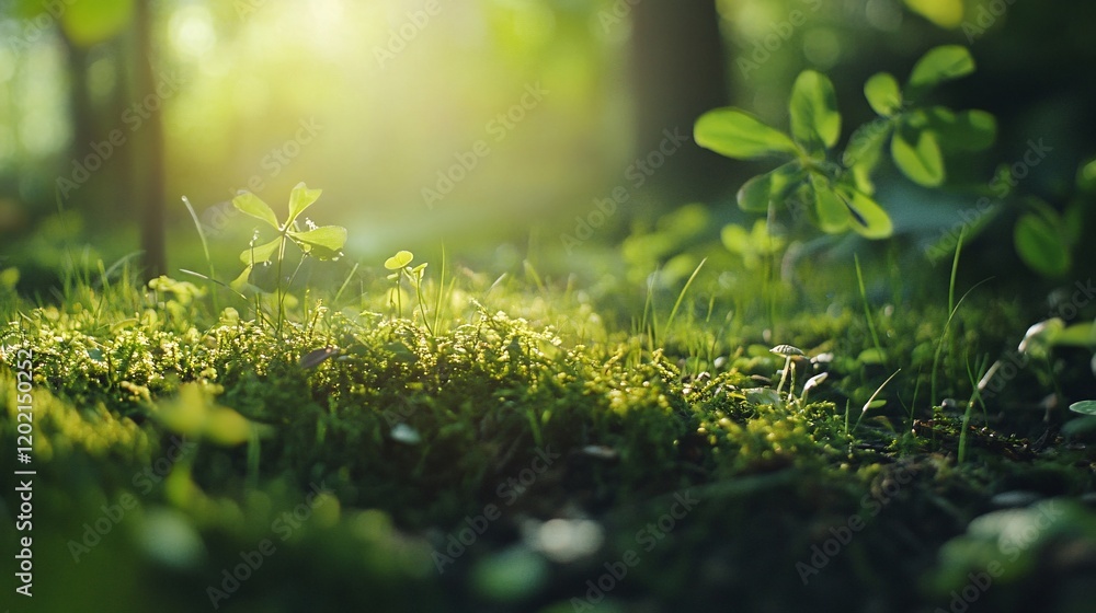 Poster sunlight filtering through trees illuminating moss and clover in forest