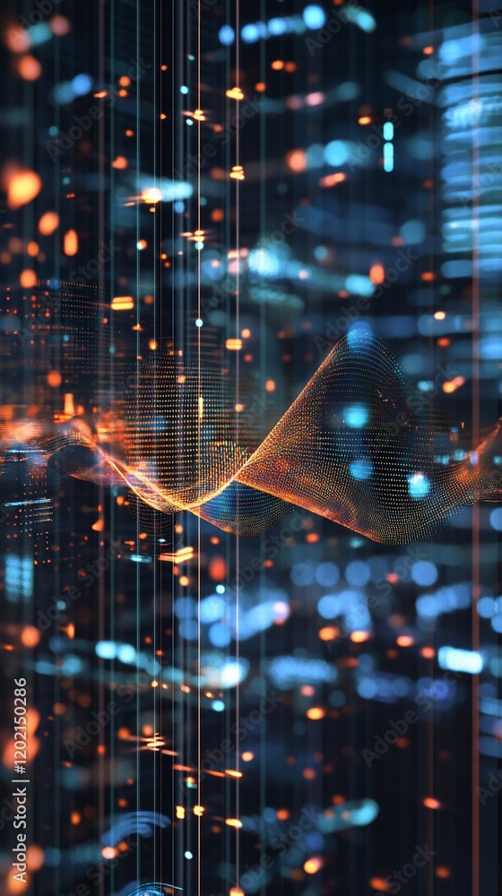Poster abstract digital network visualization with glowing particles and wavy lines representing data flow