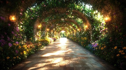 Obraz premium Sunlit Rose Archway Garden Path; Peaceful Romance. Ideal for wedding invitations