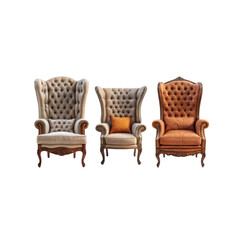 Elegant Wingback Chairs: Three exquisite wingback chairs in beige fabric, taupe upholstery, and burnt orange leather, showcasing classic design and luxurious comfort.