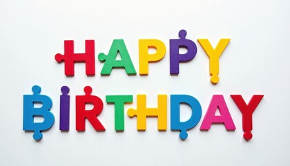 Obraz premium Cheerful Birthday Display: Colorful Wooden Letters Against White Background