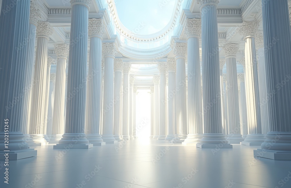 Poster ethereal interior of a grand hall with majestic columns and soft illumination creating an airy and s