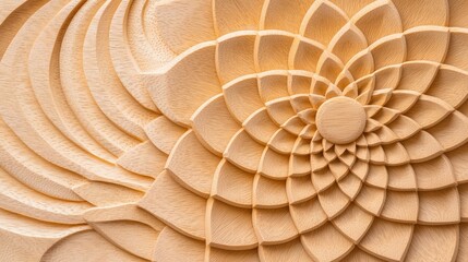 Obraz premium Intricate Wooden Carving of Floral Patterns with Layers and Circular Design on Smooth Wood Surface