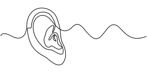 Continuous one line drawing of human ear with sound waves. One line drawing illustration of human ear. Parts of body concept one line. Editable outline, Continuous one line drawing of human ear.