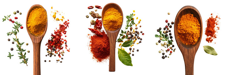 A Set of Natural Spices and Wooden Spoon Arrangement for Cooking Isolated on transparent Background © imagify
