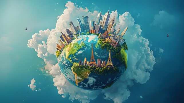 Enchanting globetrotting journey showcasing world s most iconic landmarks orbiting a vibrant and surreal celestial sphere inspiring wanderlust and a sense of global