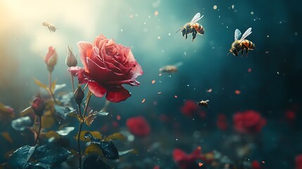 A vibrant rose bush in a garden with bees hovering around the petals, capturing the essence of nature