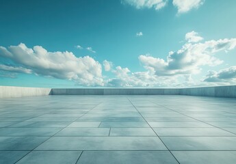 Expansive Rooftop Terrace with Contemporary Design under a Clear Blue Sky and Soft White Clouds, Ideal for Creative Spaces and Modern Architecture Photography