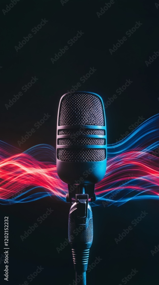 Poster professional microphone capturing colorful sound waves, representing music recording, voice recordin