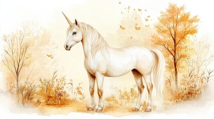 Majestic White Unicorn Standing Gracefully in a Dreamy Autumn Landscape with Golden Foliage and Gentle Butterflies