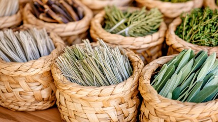 Obraz premium Assortment of dried Native American herbs in woven baskets on a rustic table for cultural and spiritual practices