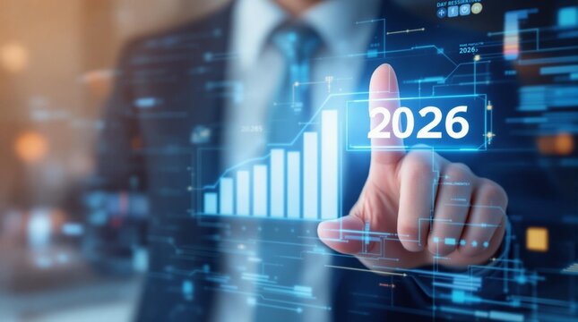 A businessman touches a digital progress bar indicating the transition from 2025 to 2026, symbolizing strategic planning, future readiness and challenge strategy for business startup
