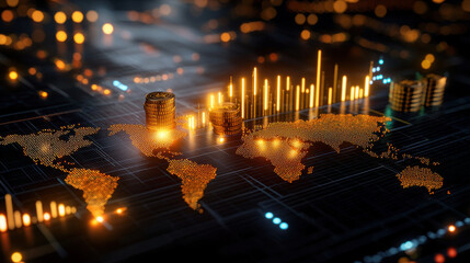 3D illustration of interconnected global markets with financial data, graphs, and coins representing economic growth and investment opportunities