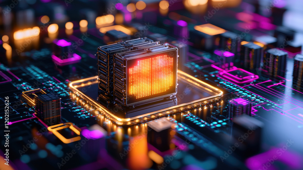 Poster 3D rendering of futuristic microprocessor on circuit board, showcasing vibrant colors and intricate details. design emphasizes technology and innovation