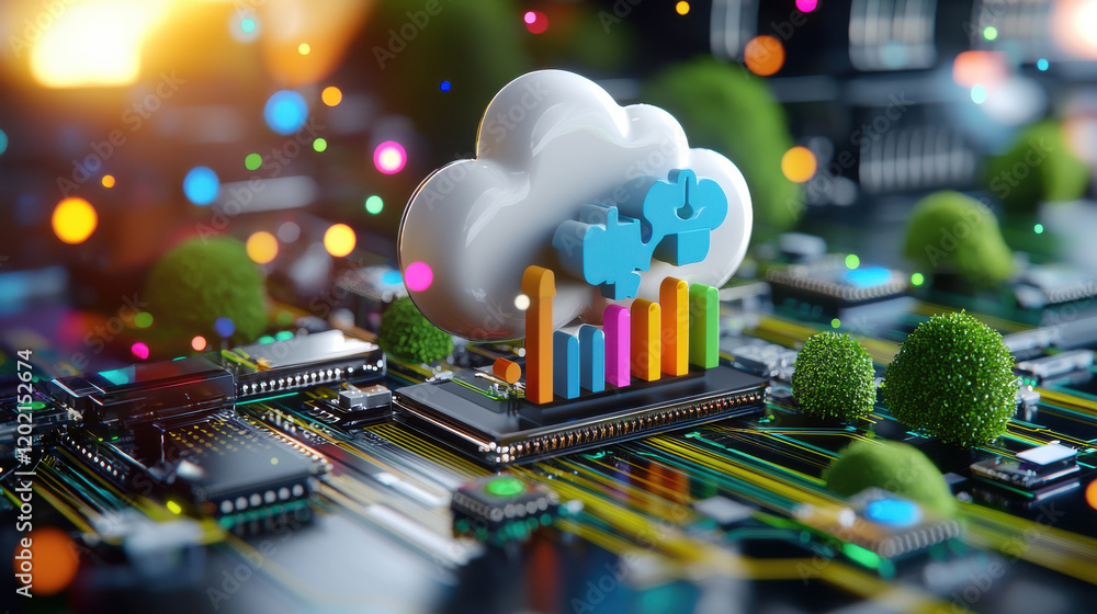 Fototapete 3D rendering of cloud technology ecosystem featuring colorful graphs and data visualization on circuit board. image conveys innovation and digital transformation