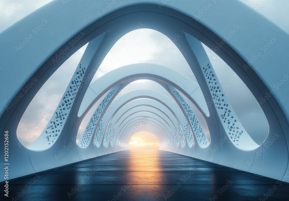 Poster futuristic architectural design of an abstract bridge structure with uniquely shaped supports leadin