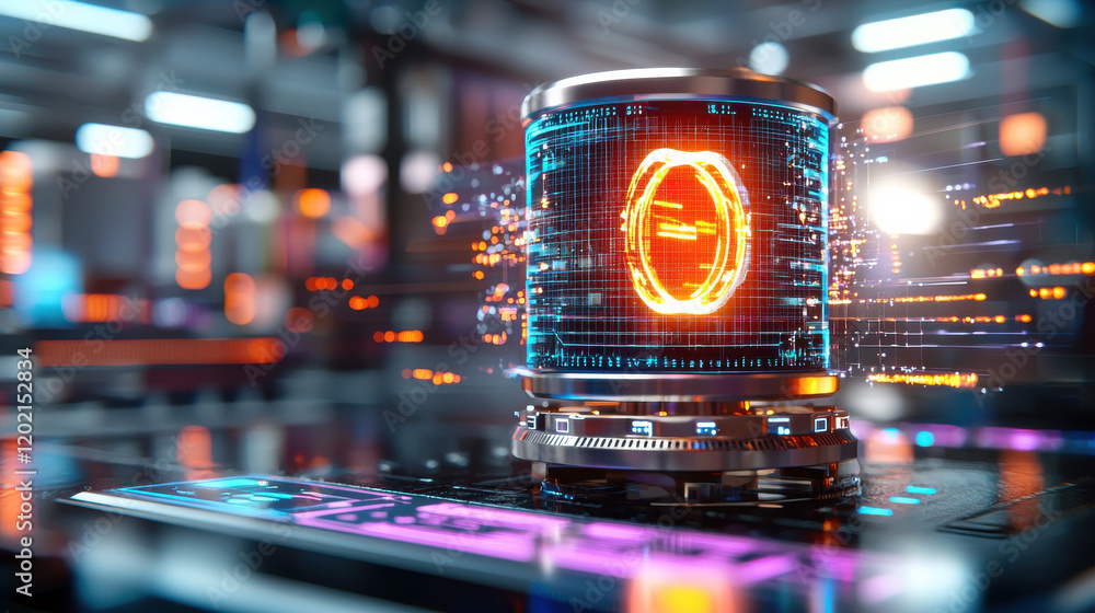 Aufkleber high tech 3D model featuring glowing digital display with orange symbol, surrounded by vibrant lights and futuristic elements, creating immersive technological atmosphere