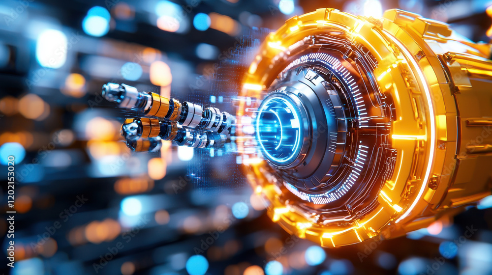 Poster futuristic 3D model of robotic arm with glowing elements, showcasing advanced technology and intricate design. vibrant colors and details create captivating visual experience