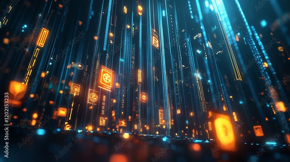 Poster abstract digital data stream with glowing icons and lines in a technological display