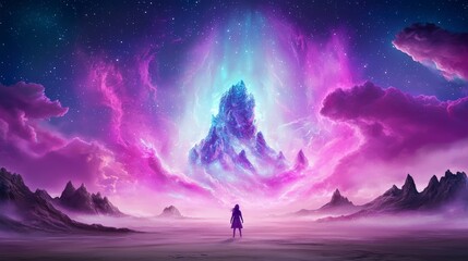 Fototapeta premium Majestic Cosmic Landscape with Vibrant Colors and Mystical Mountain in a Dreamlike Setting at Night