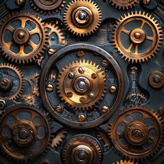 Intricate clockwork gears interlock in a mesmerizing mechanical ballet. Ideal for steampunk, industrial, or vintage-themed projects.