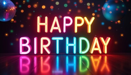 Vibrant Neon Sign Happy Birthday Illuminated by Colorful Lights and Disco Ball Against Dark Background
