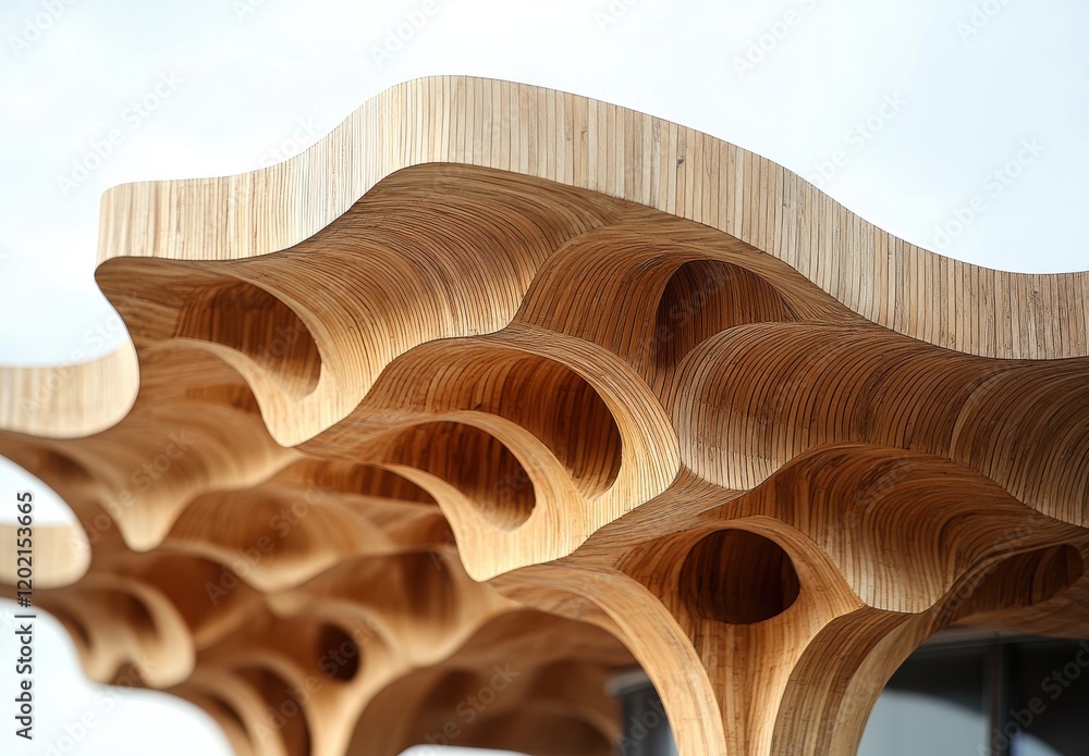 Poster intricate architectural design featuring curved wooden elements and unique textures for modern build