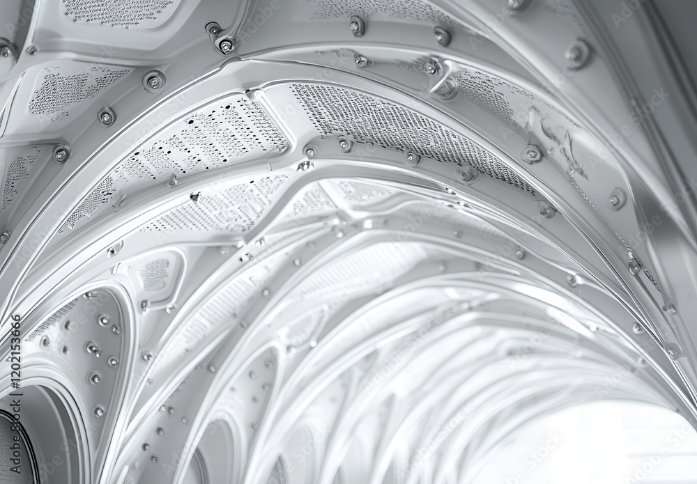 Poster intricate architectural details of a modern white ceiling with curved patterns highlighting the beau