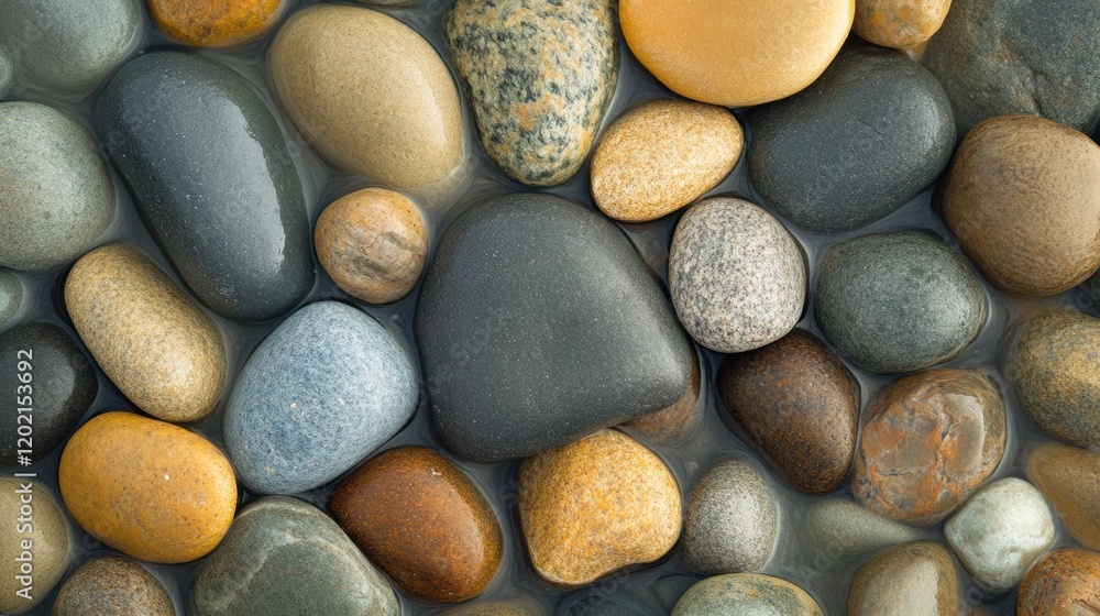 Poster close up view of smooth beach pebbles with gentle waves washing over them during a serene coastal mo