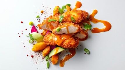 A vibrant dish featuring crispy chicken, garnished with fresh vegetables and a drizzle of spicy sauce on a white plate.