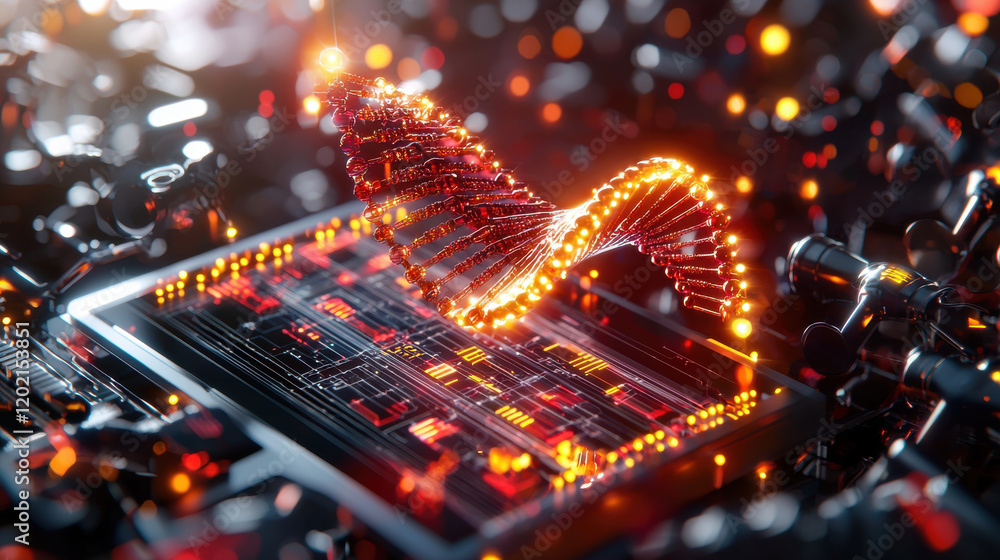 Poster futuristic diagnostic image featuring glowing dna strand above circuit board, symbolizing advanced t