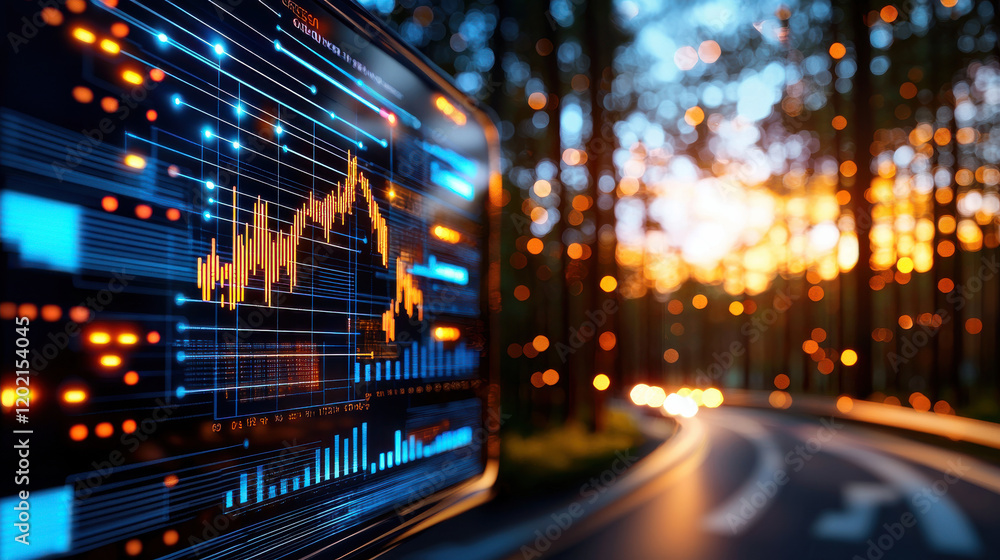 Poster futuristic energy dashboard displaying data analytics in forest setting, showcasing vibrant graphs a