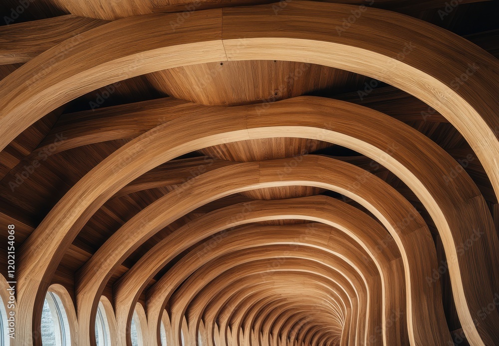 Poster intricate wooden architecture showcasing curved design elements in a modern space with natural light