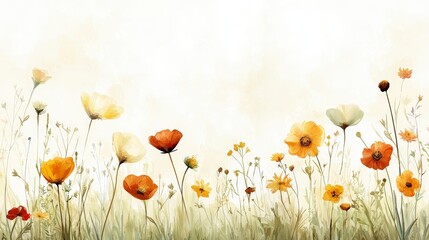 Naklejka premium Beautiful Vibrant Wildflowers Blooming in a Serene Field with Soft Background and Gentle Light Effects