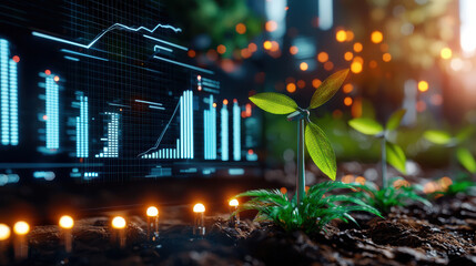 futuristic energy dashboard displays data alongside young green plants, symbolizing growth and sustainability. scene blends technology with nature, creating harmonious environment