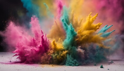 Colored powder explosion. Abstract closeup dust on backdrop. Colorful explode. Paint holi