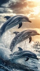 Obraz premium Three dolphins leaping from ocean waves at sunset.