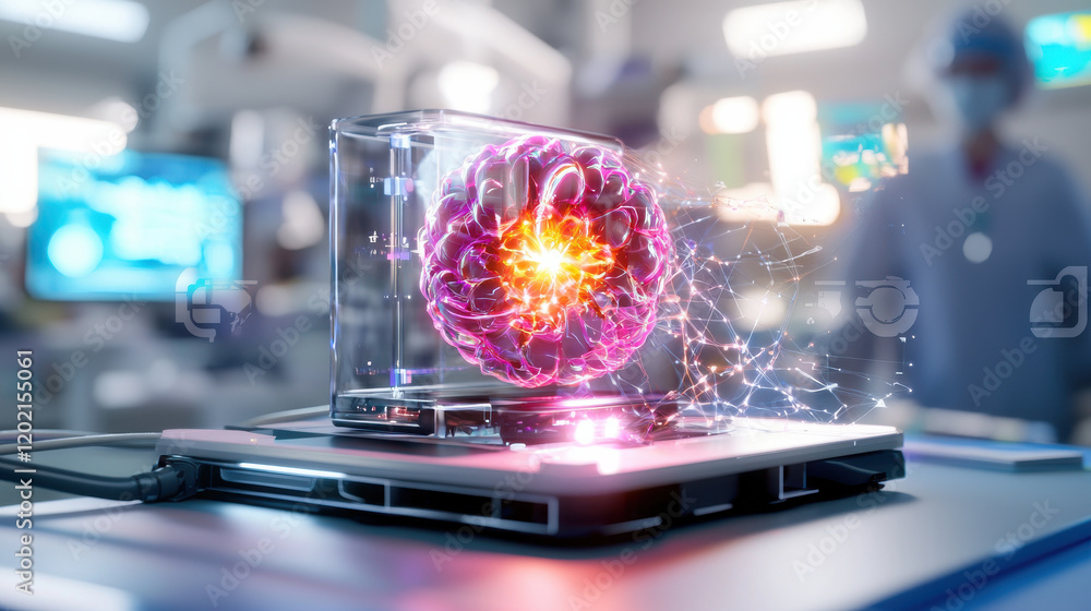 Aufkleber futuristic 3d model of portable medical scanner displaying glowing brain. vibrant colors and intrica